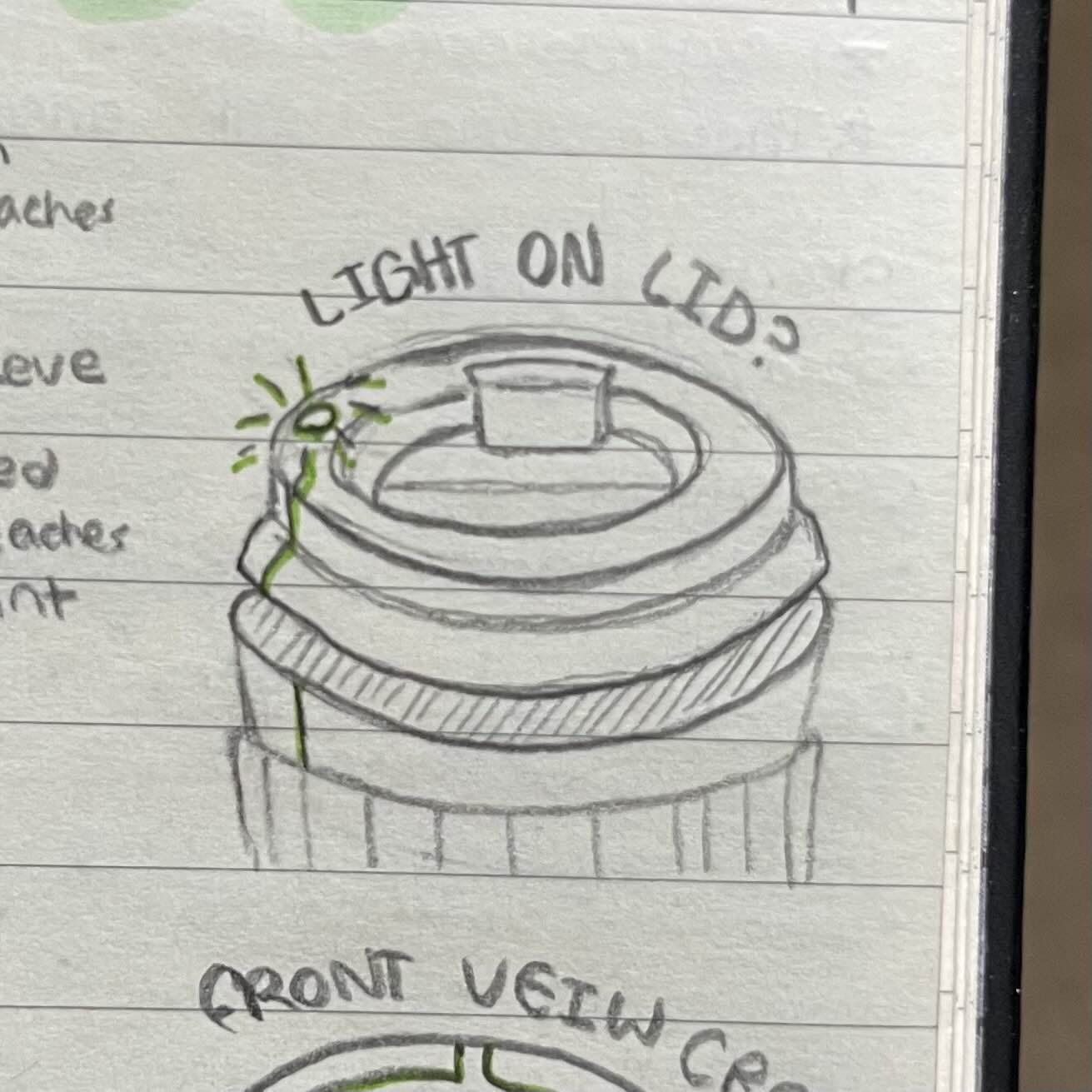 The main thing I debated about this idea was the placement of the light. Putting the light on the lid would be the best way for the user to see it, but making it into a circuit would be difficult.